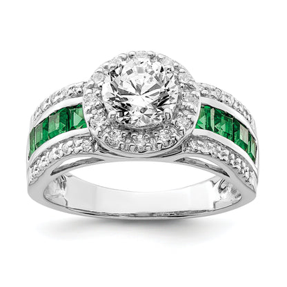 Sterlingsilber Rhodiniert Zirkonia und Im Labor Erzeugt Smaragd Ring