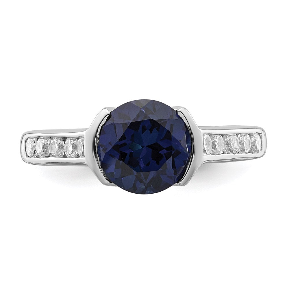 Sterlingsilber Rhodiniert Synthetisch Blau Saphir und Zirkonia Zargenfassung Ring