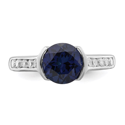 Sterlingsilber Rhodiniert Synthetisch Blau Saphir und Zirkonia Zargenfassung Ring