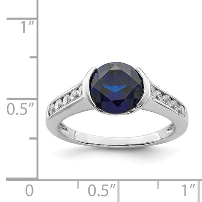 Sterlingsilber Rhodiniert Synthetisch Blau Saphir und Zirkonia Zargenfassung Ring