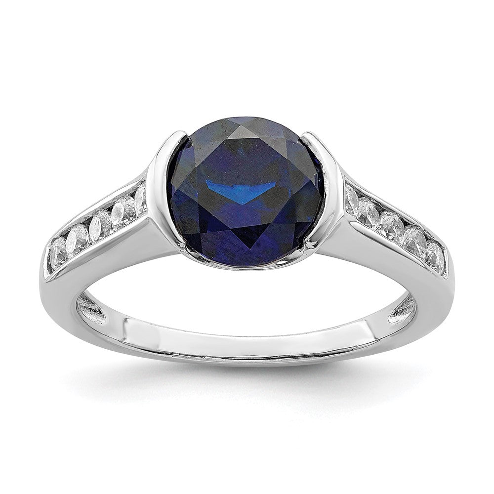 Sterlingsilber Rhodiniert Synthetisch Blau Saphir und Zirkonia Zargenfassung Ring