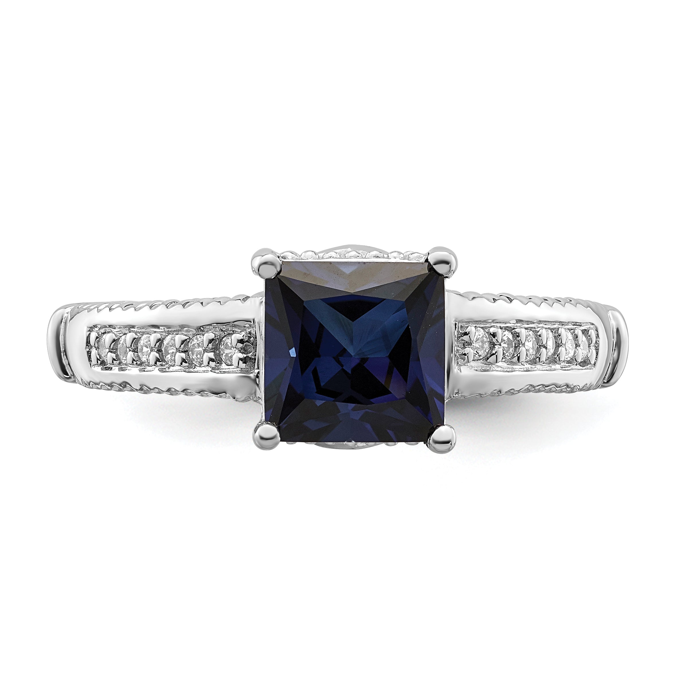 Sterlingsilber Rhodiniert Synthetisch Blau Saphir und Zirkonia Ring