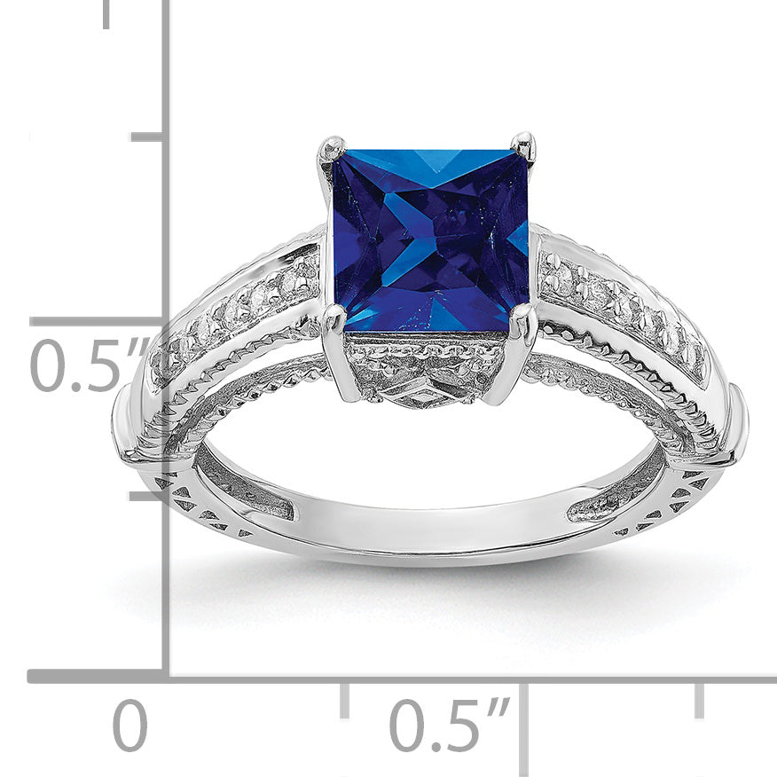 Sterlingsilber Rhodiniert Synthetisch Blau Saphir und Zirkonia Ring