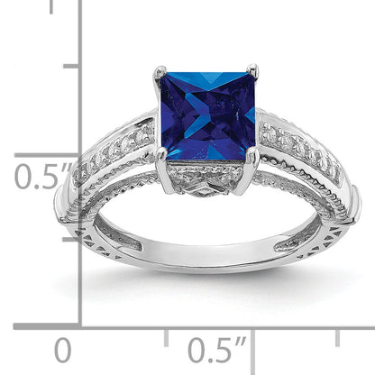 Sterlingsilber Rhodiniert Synthetisch Blau Saphir und Zirkonia Ring