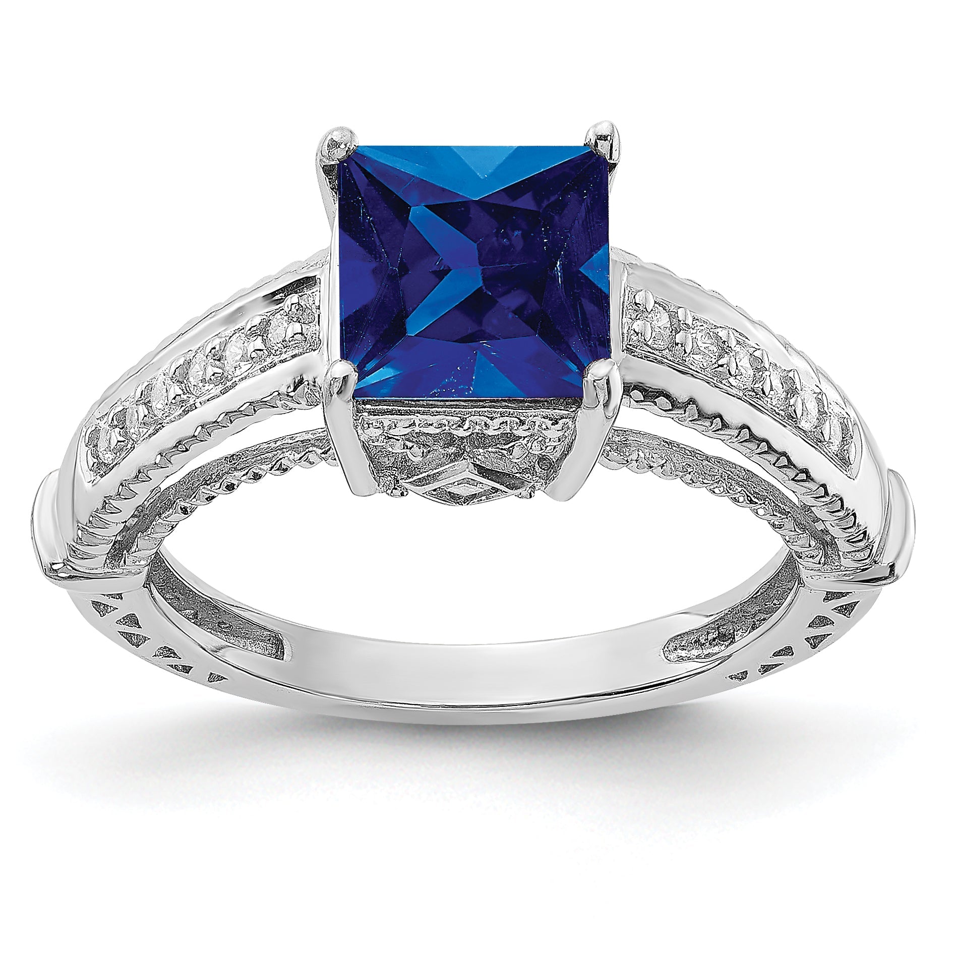 Sterlingsilber Rhodiniert Synthetisch Blau Saphir und Zirkonia Ring