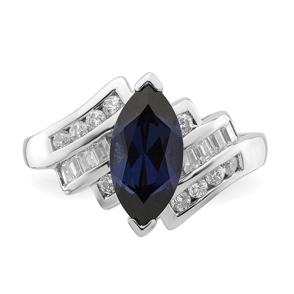 Sterlingsilber Rhodiniert Erzeugt Blau Saphir und Zirkonia Marquise Ring