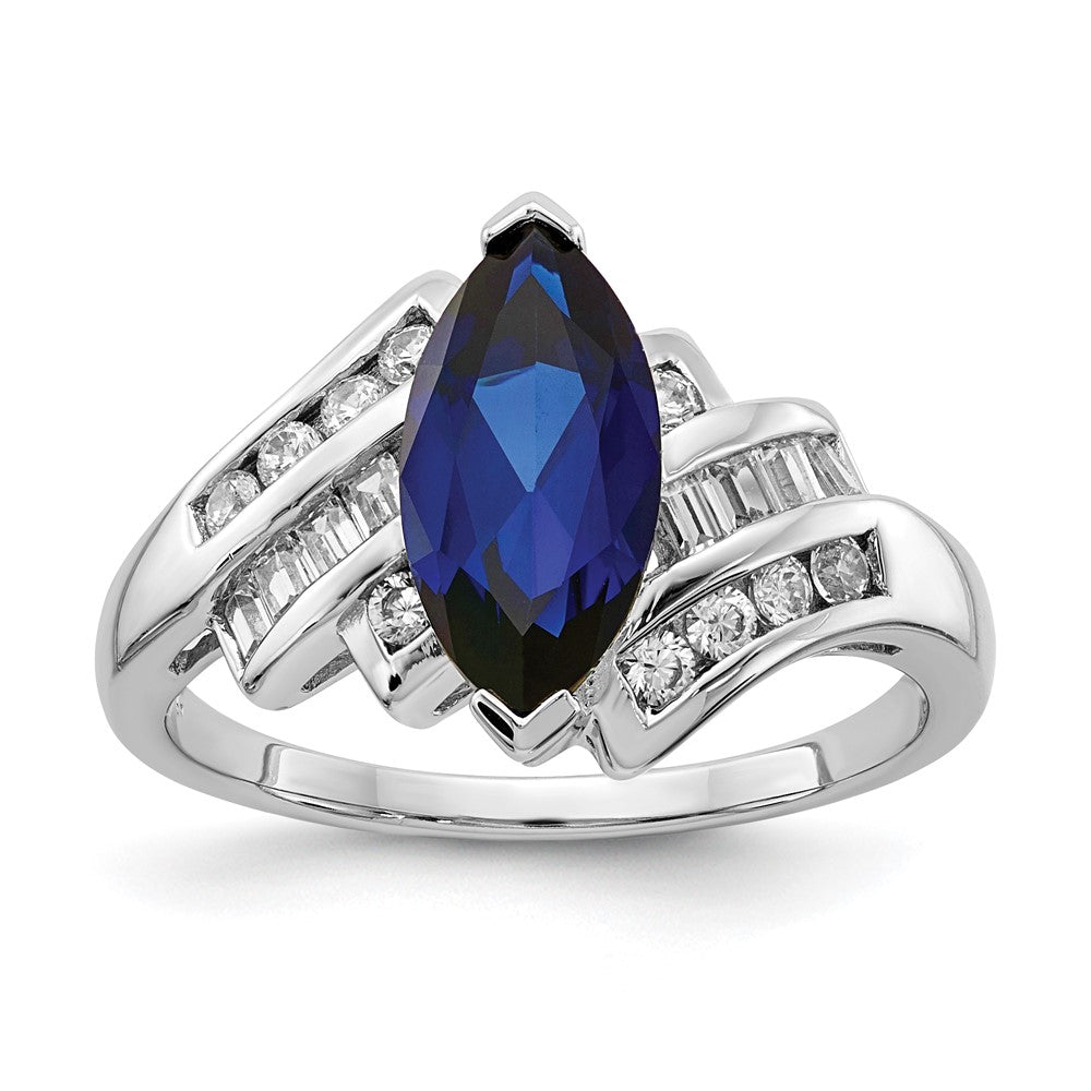 Sterlingsilber Rhodiniert Erzeugt Blau Saphir und Zirkonia Marquise Ring