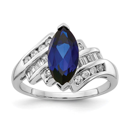 Sterlingsilber Rhodiniert Erzeugt Blau Saphir und Zirkonia Marquise Ring