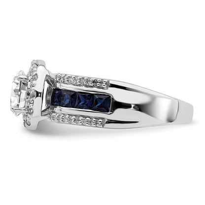 Sterlingsilber Rhodiniert Zirkonia und Im Labor Erzeugt Saphir Ring