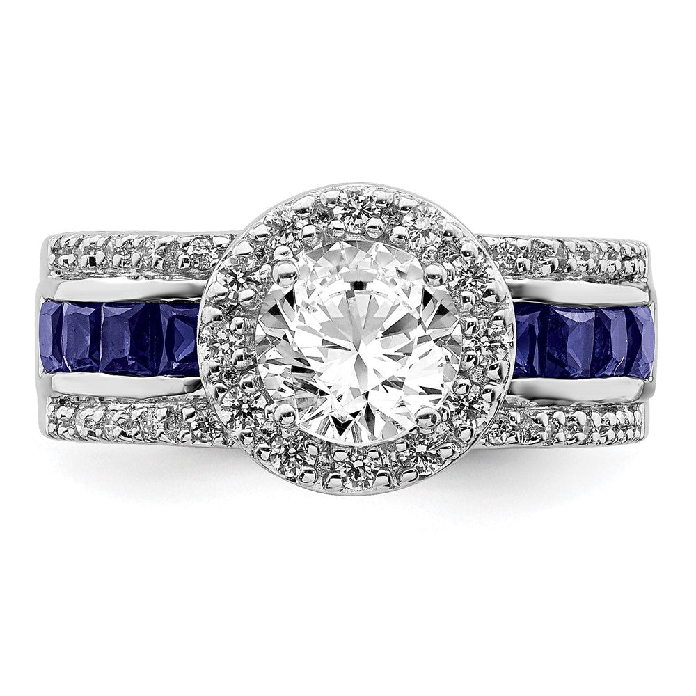 Sterlingsilber Rhodiniert Zirkonia und Im Labor Erzeugt Saphir Ring