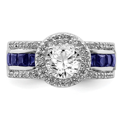 Sterlingsilber Rhodiniert Zirkonia und Im Labor Erzeugt Saphir Ring