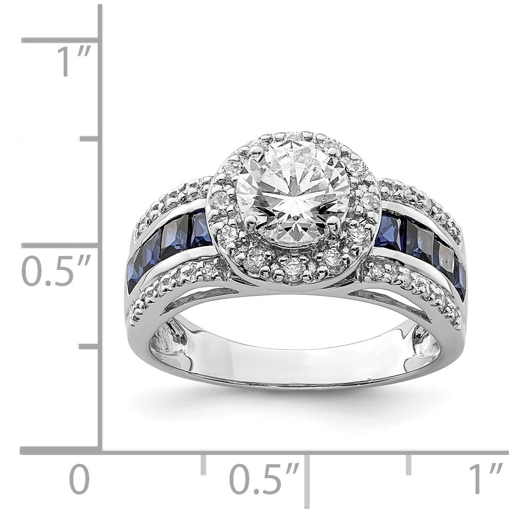 Sterlingsilber Rhodiniert Zirkonia und Im Labor Erzeugt Saphir Ring