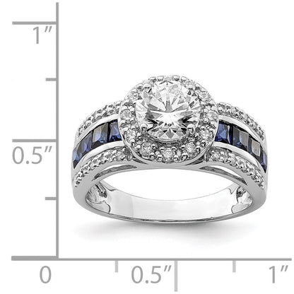 Sterlingsilber Rhodiniert Zirkonia und Im Labor Erzeugt Saphir Ring