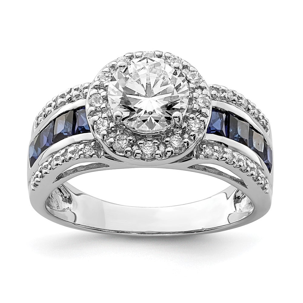Sterlingsilber Rhodiniert Zirkonia und Im Labor Erzeugt Saphir Ring