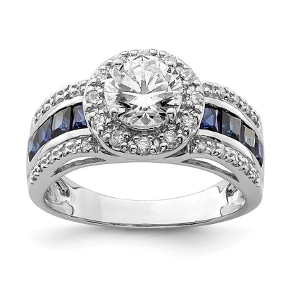 Sterlingsilber Rhodiniert Zirkonia und Im Labor Erzeugt Saphir Ring