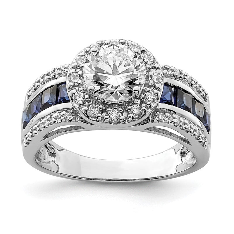 Sterlingsilber Rhodiniert Zirkonia und Im Labor Erzeugt Saphir Ring