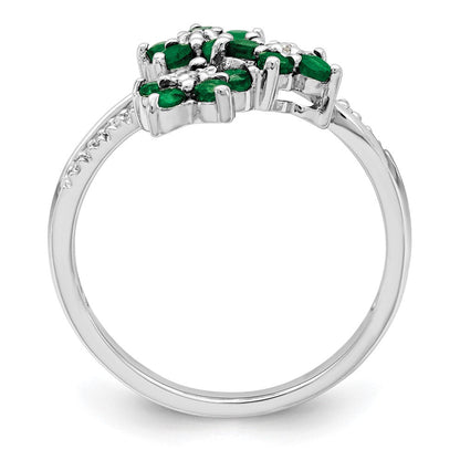 Sterlingsilber Rhodiniert 3 Blume Smaragd und Diamant Ring