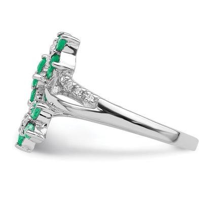 Sterlingsilber Rhodiniert 3 Blume Smaragd und Diamant Ring