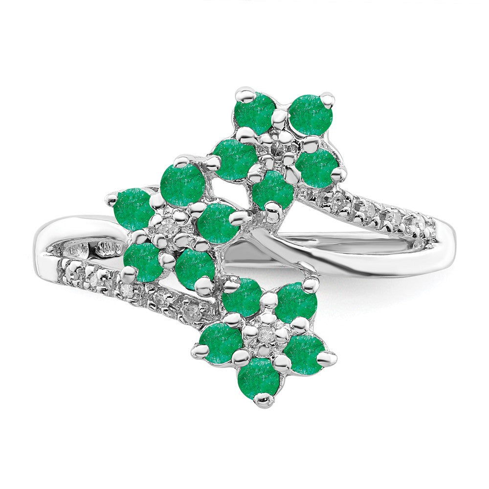 Sterlingsilber Rhodiniert 3 Blume Smaragd und Diamant Ring