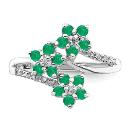 Sterlingsilber Rhodiniert 3 Blume Smaragd und Diamant Ring