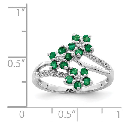 Sterlingsilber Rhodiniert 3 Blume Smaragd und Diamant Ring