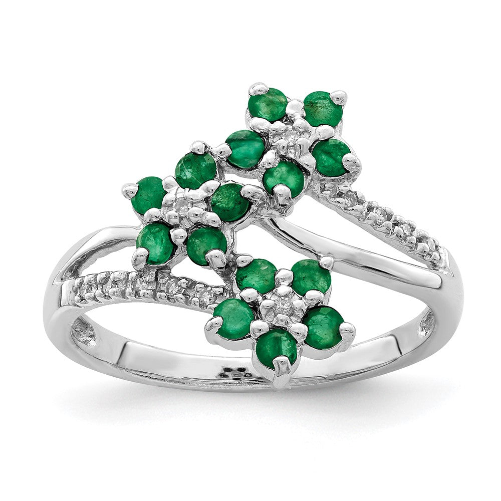 Sterlingsilber Rhodiniert 3 Blume Smaragd und Diamant Ring