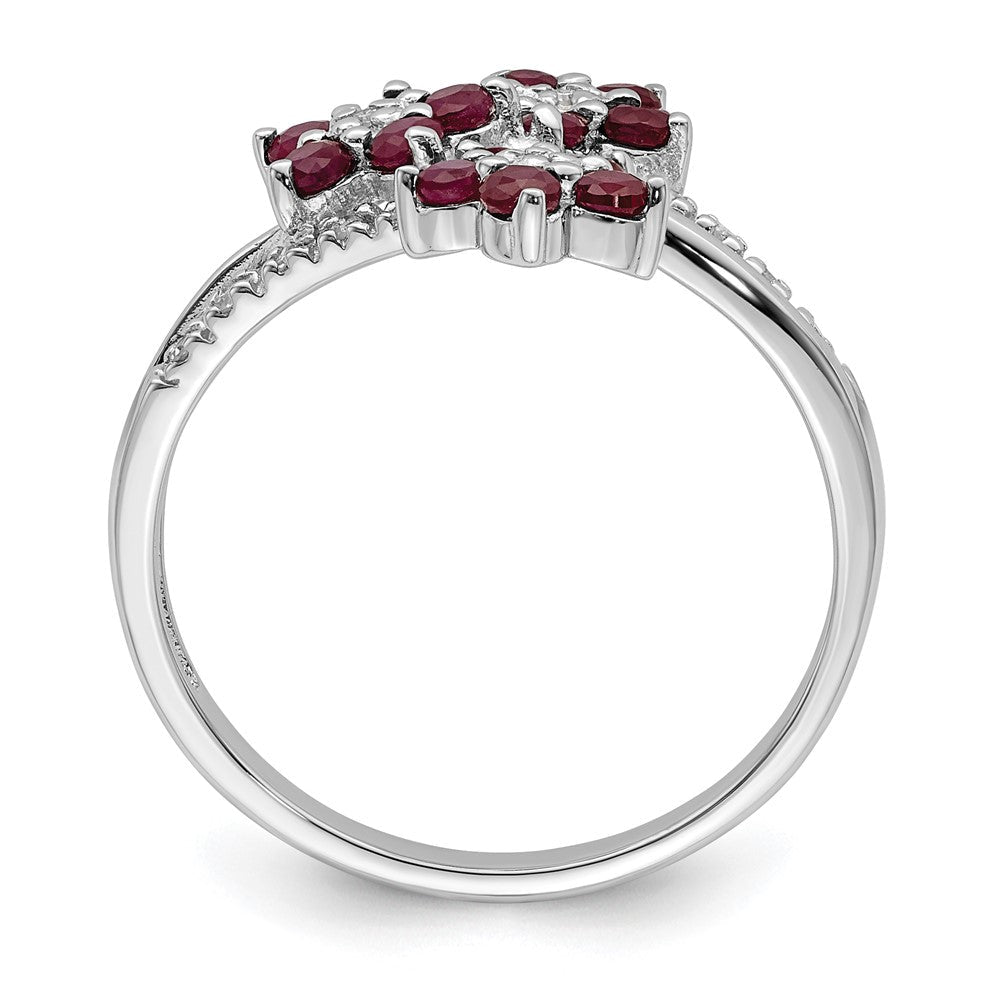 Sterlingsilber Rhodiniert 3 Blume Rubin und Diamant Ring