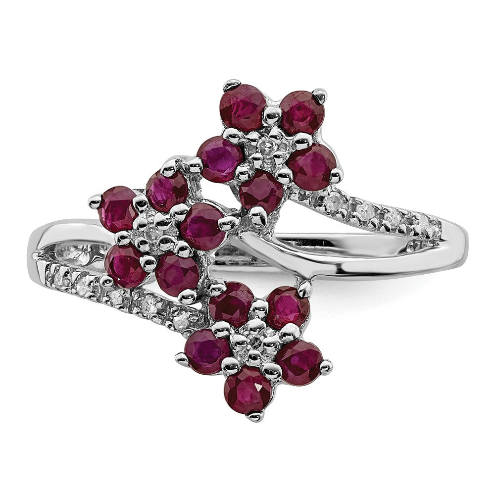 Sterlingsilber Rhodiniert 3 Blume Rubin und Diamant Ring