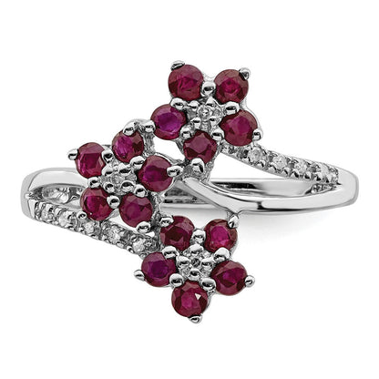 Sterlingsilber Rhodiniert 3 Blume Rubin und Diamant Ring