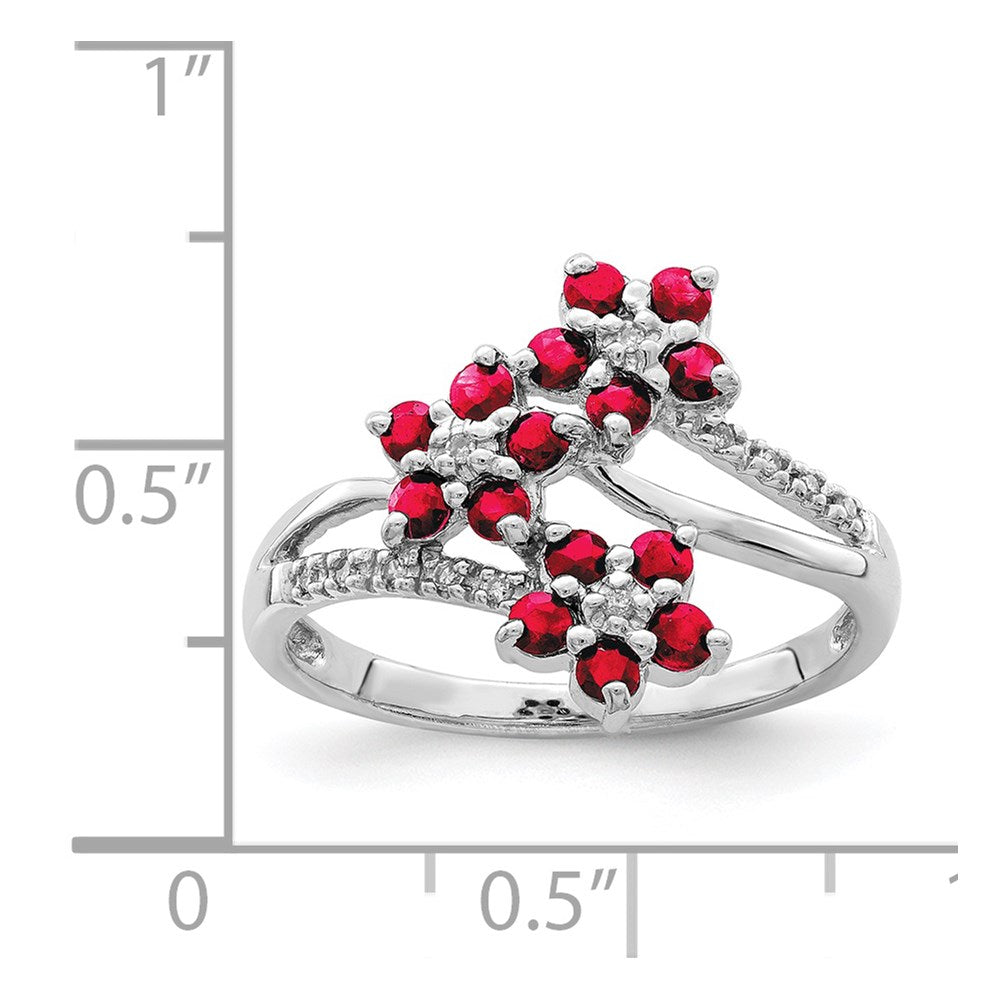 Sterlingsilber Rhodiniert 3 Blume Rubin und Diamant Ring