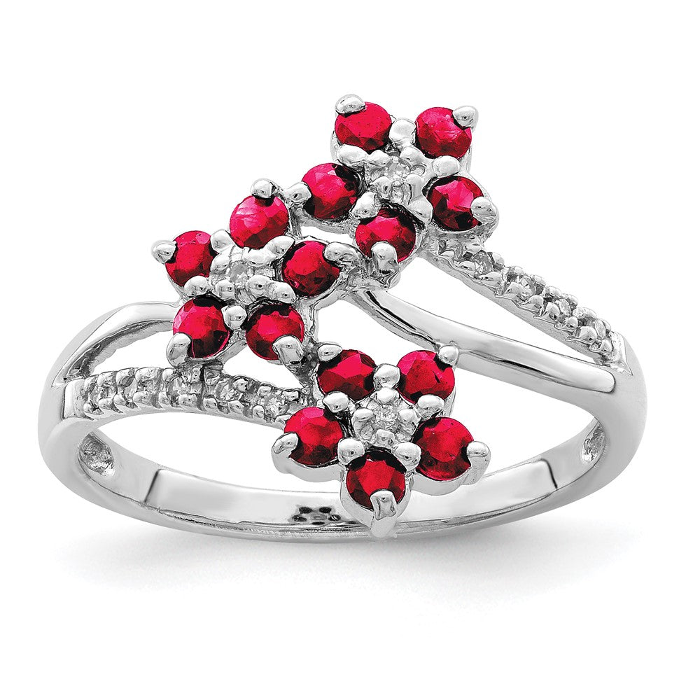 Sterlingsilber Rhodiniert 3 Blume Rubin und Diamant Ring