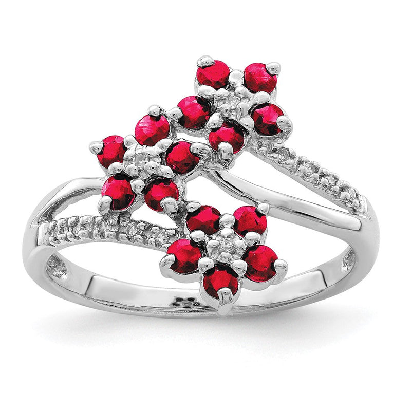 Sterlingsilber Rhodiniert 3 Blume Rubin und Diamant Ring