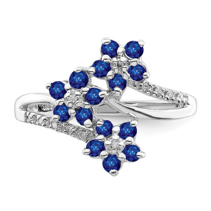 Sterlingsilber Rhodiniert 3 Blume Saphir und Diamant Ring