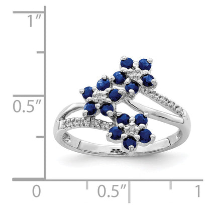 Sterlingsilber Rhodiniert 3 Blume Saphir und Diamant Ring