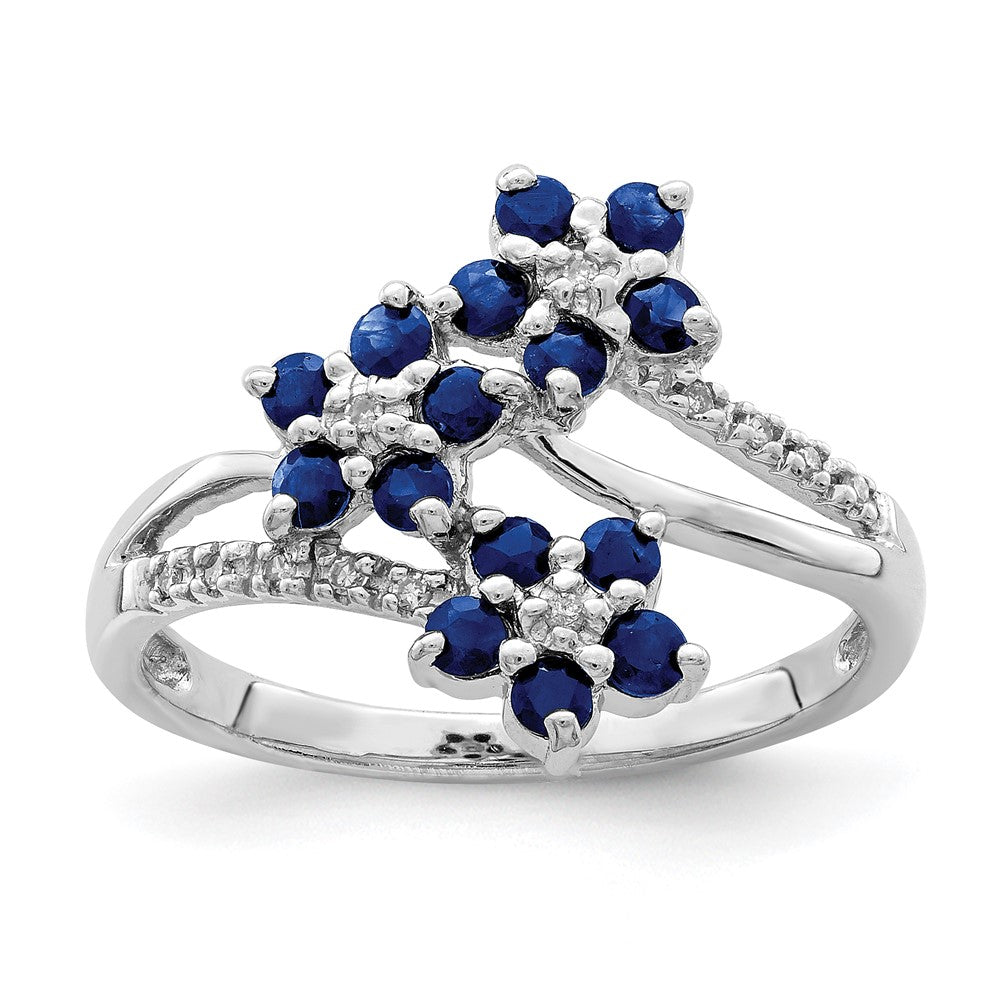 Sterlingsilber Rhodiniert 3 Blume Saphir und Diamant Ring