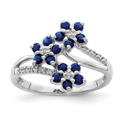 Sterlingsilber Rhodiniert 3 Blume Saphir und Diamant Ring