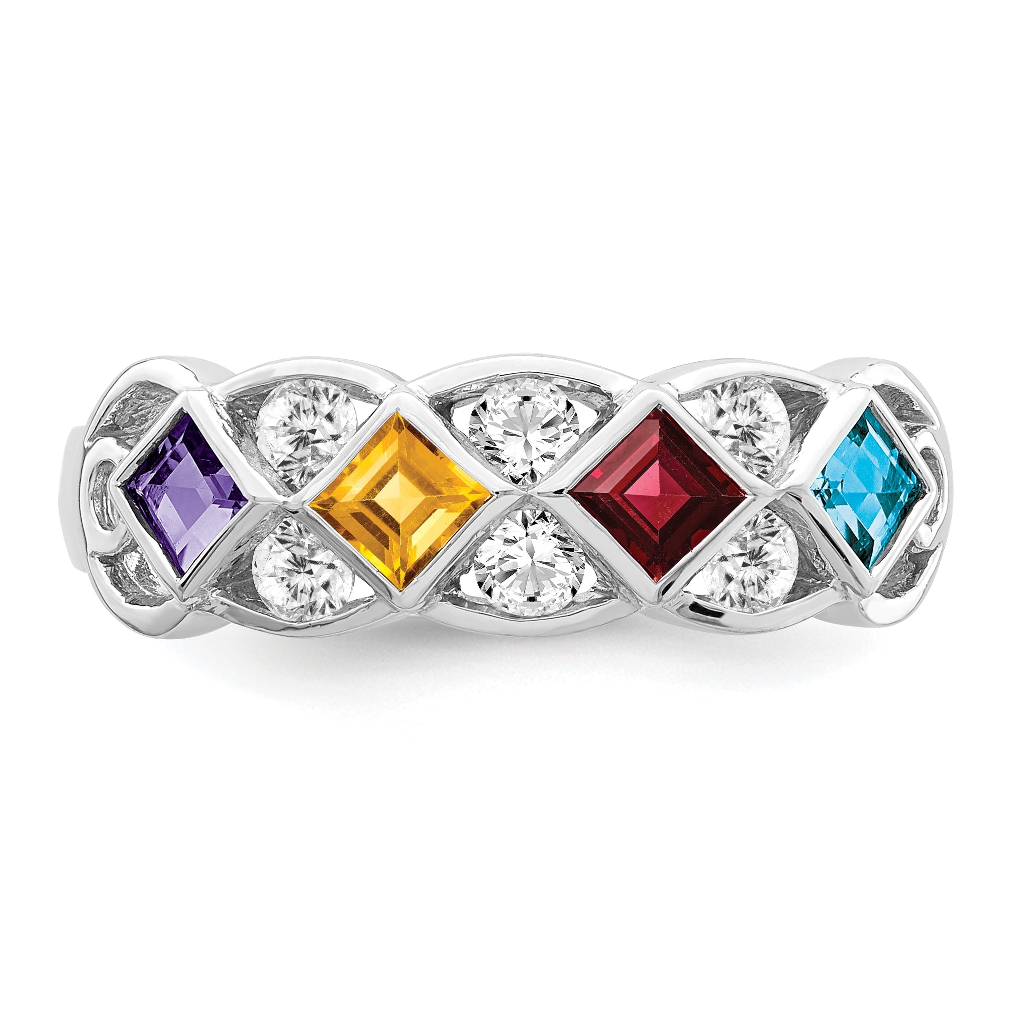 Sterlingsilber Ss Rhodiniert Zirkonia, Amethyst, Citrin, Granat & Blautopas Ring