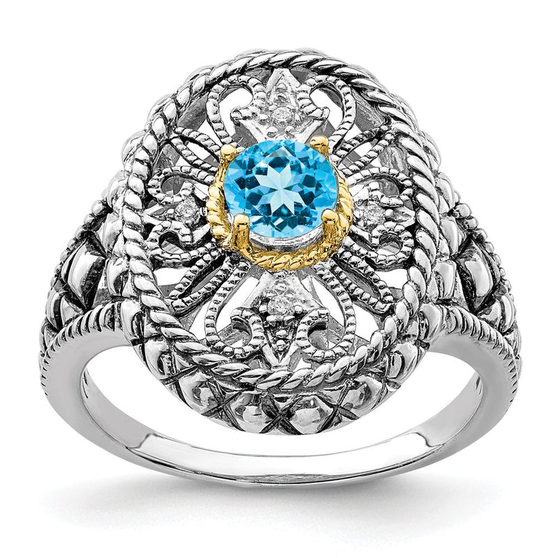 Silber/14K Bicolor Sterlingsilber Rhodium 14K Akzente Blautopas & Zirkonia Oval Fantasie Ring (size 7 Nur)