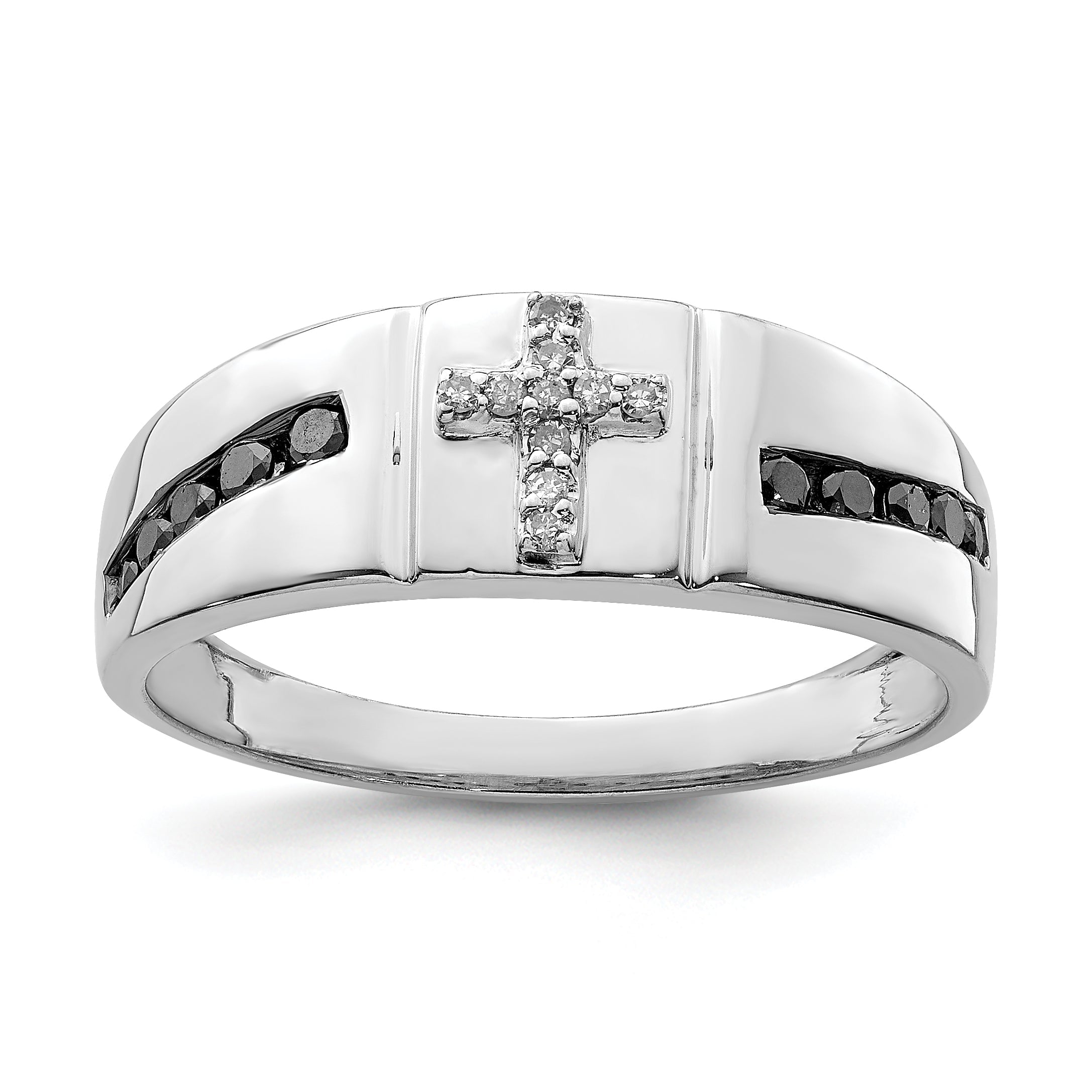 Sterlingsilber Rhodiniert Schwarz und Weiß Diamant Kreuz Herren Ring