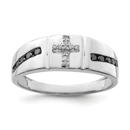 Sterlingsilber Rhodiniert Schwarz und Weiß Diamant Kreuz Herren Ring
