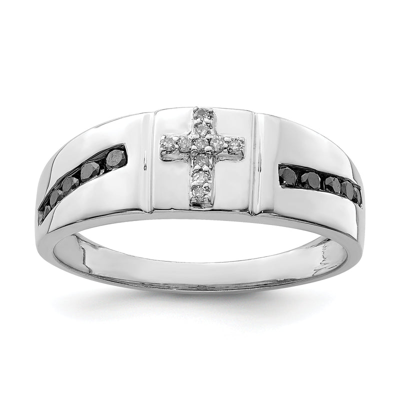 Sterlingsilber Rhodiniert Schwarz und Weiß Diamant Kreuz Herren Ring
