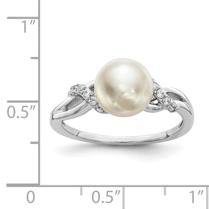 Sterlingsilber Rhodiniert 8 9mm Weiß Knopf Süßwasser Zuchtperle und Zirkonia Ring
