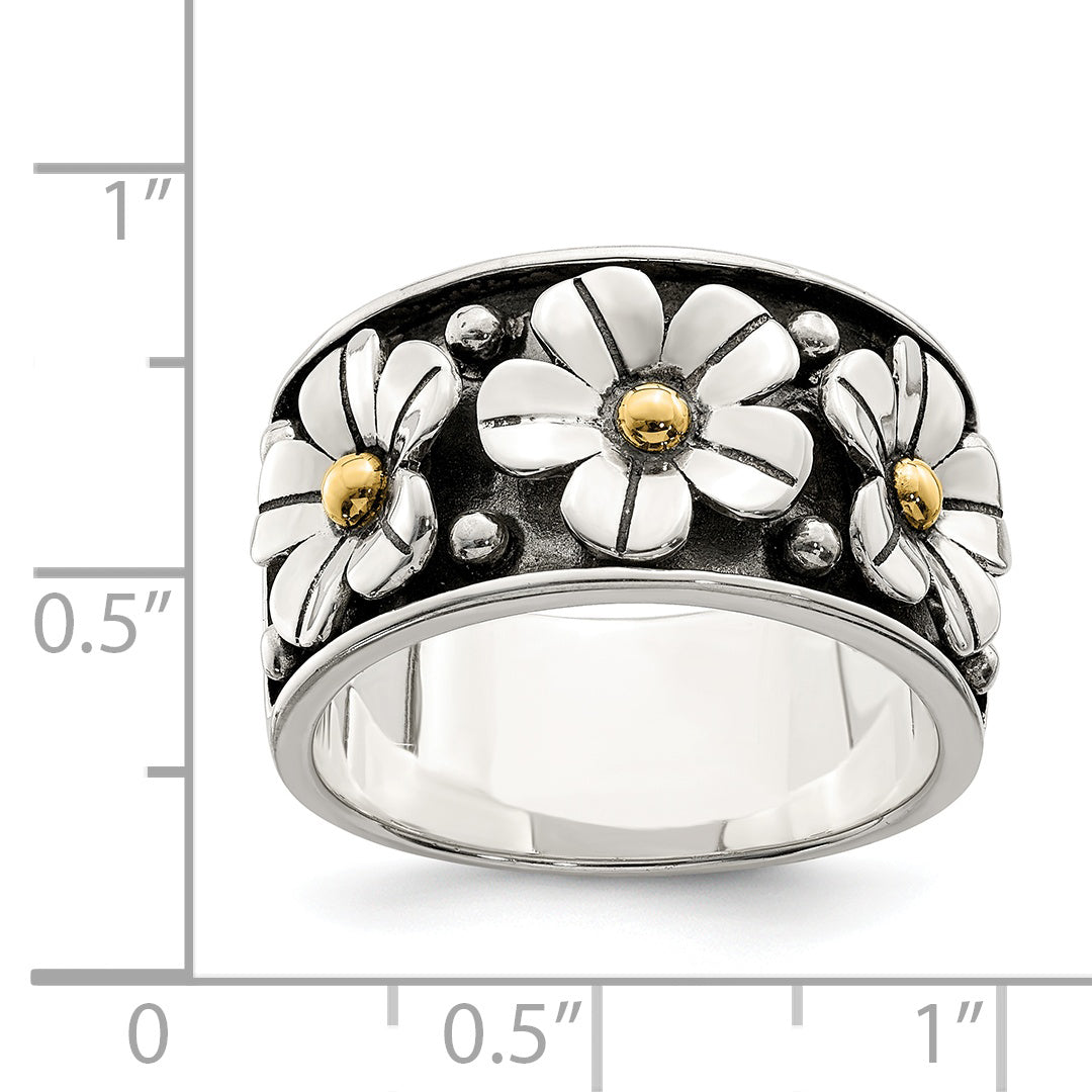 Silber/14K Bicolor Sterlingsilber Antikisiert mit 14K Gold Centers Gänseblümchen Ring