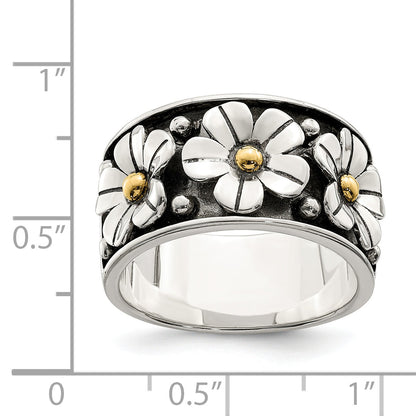 Silber/14K Bicolor Sterlingsilber Antikisiert mit 14K Gold Centers Gänseblümchen Ring