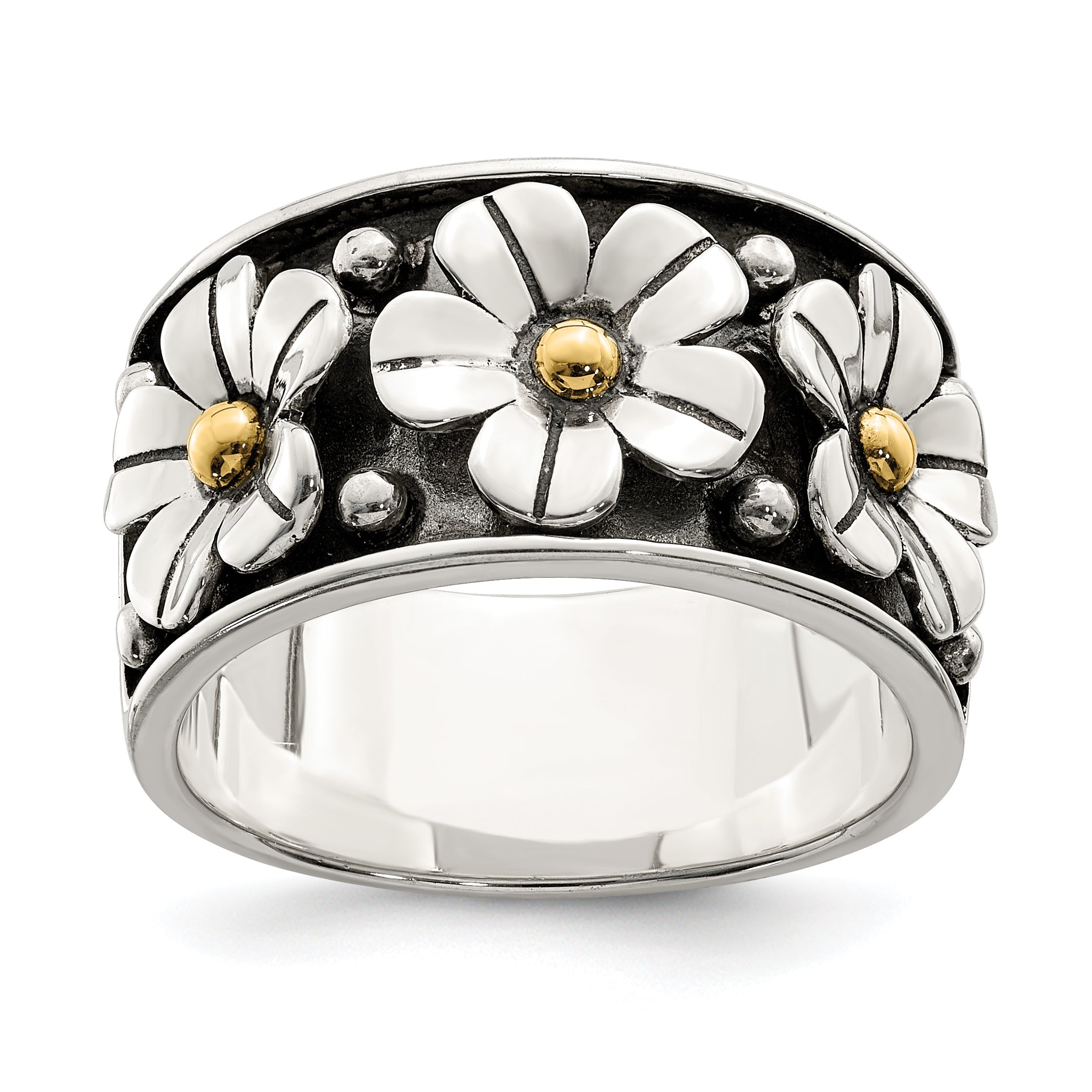Silber/14K Bicolor Sterlingsilber Antikisiert mit 14K Gold Centers Gänseblümchen Ring