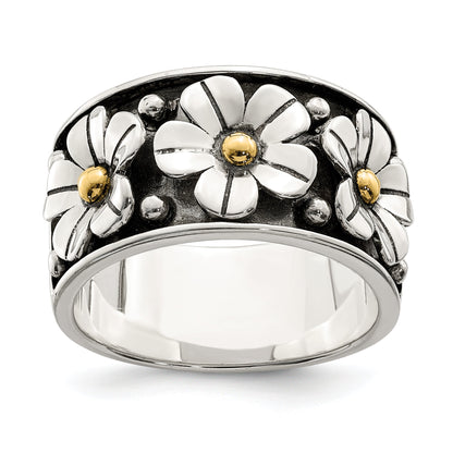 Silber/14K Bicolor Sterlingsilber Antikisiert mit 14K Gold Centers Gänseblümchen Ring