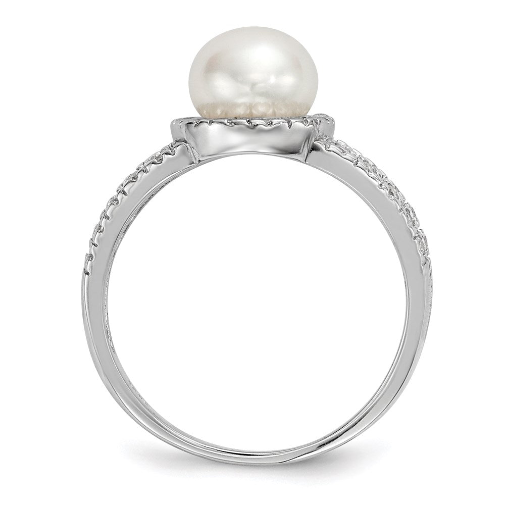 Sterlingsilber Rhodiniert 7 8mm Weiß Knopf Süßwasser Zuchtperle und Zirkonia Ring