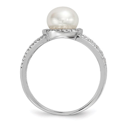 Sterlingsilber Rhodiniert 7 8mm Weiß Knopf Süßwasser Zuchtperle und Zirkonia Ring
