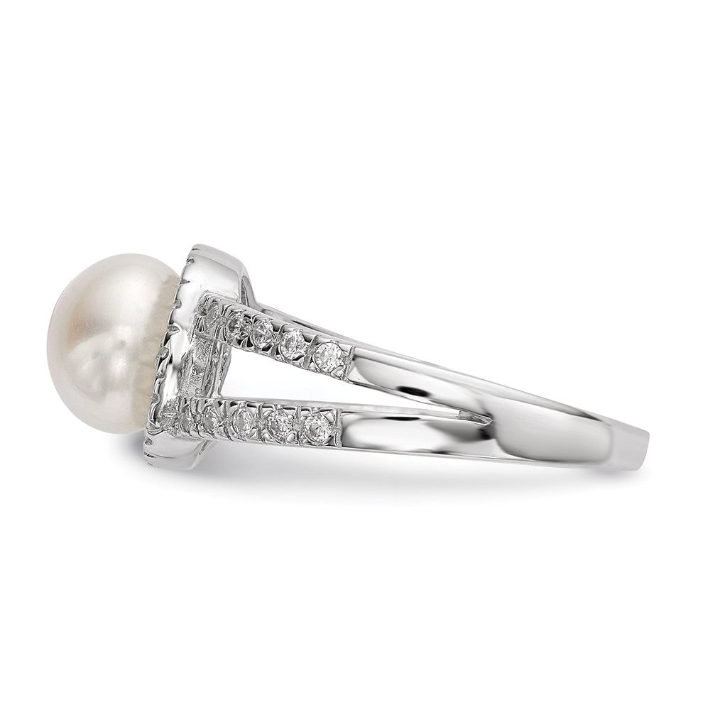 Sterlingsilber Rhodiniert 7 8mm Weiß Knopf Süßwasser Zuchtperle und Zirkonia Ring