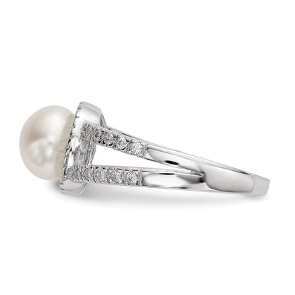 Sterlingsilber Rhodiniert 7 8mm Weiß Knopf Süßwasser Zuchtperle und Zirkonia Ring